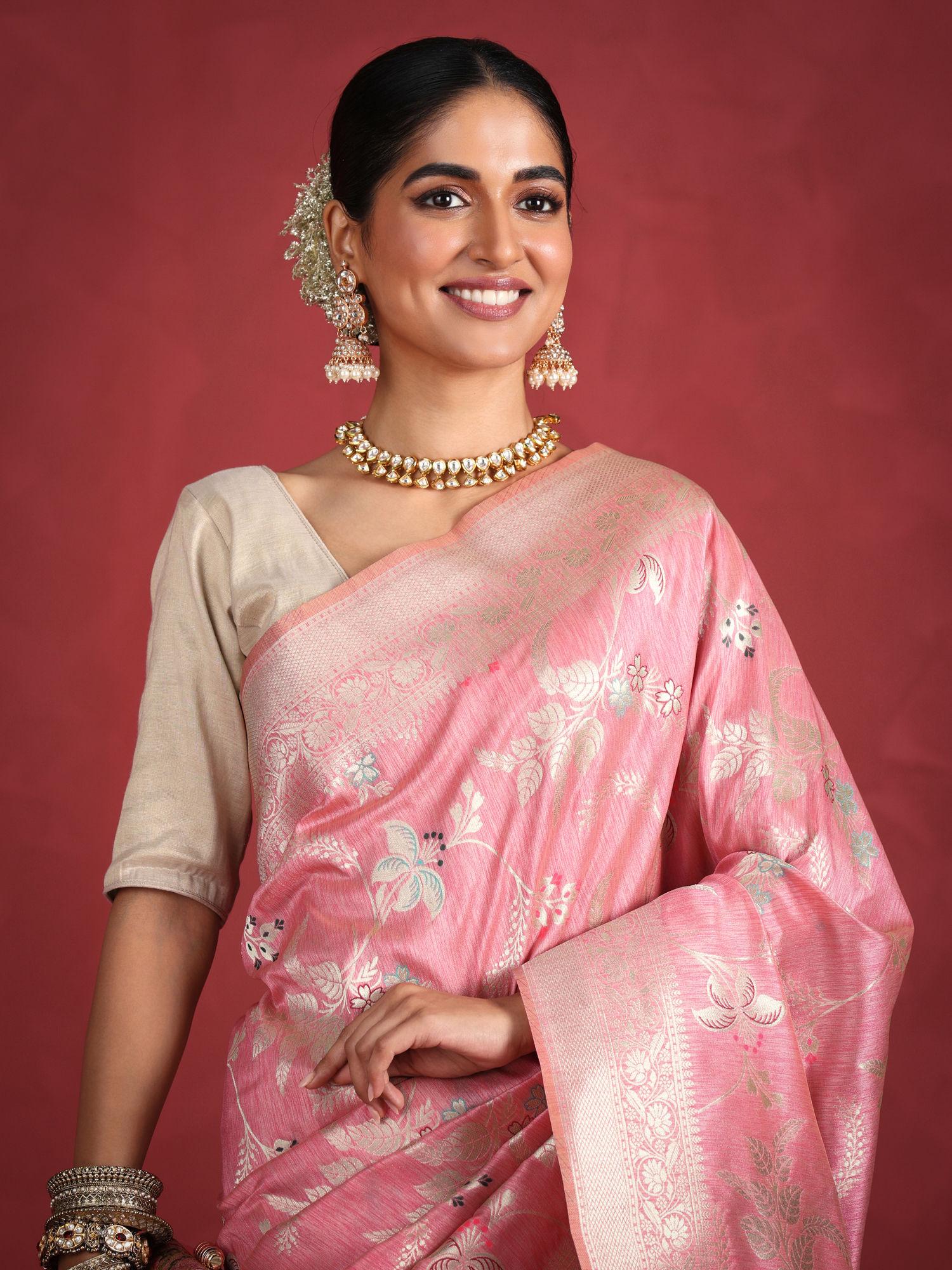 pink art silk woven zari festive saree & unstitched blouse