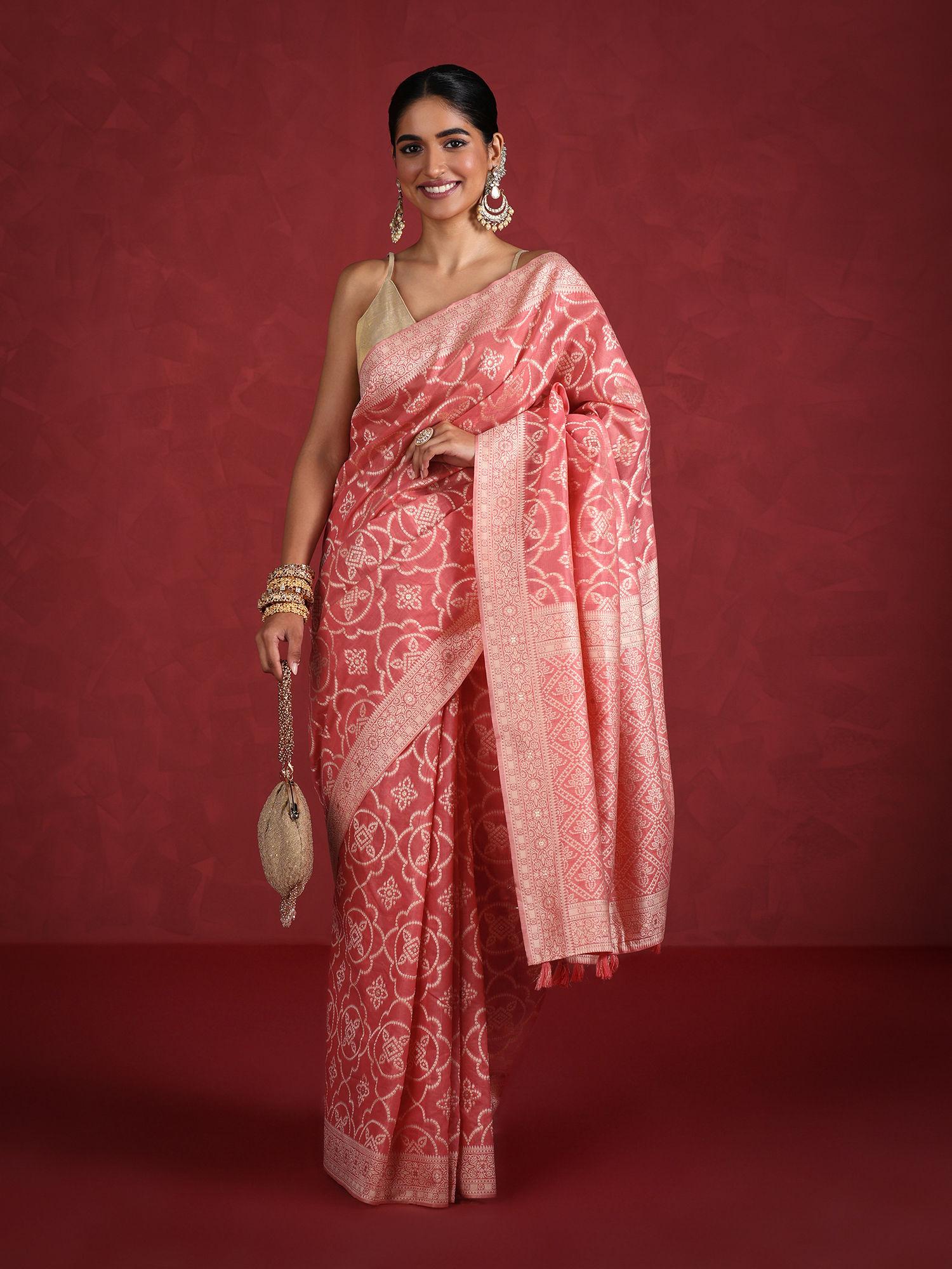 pink art silk woven zari festive saree & unstitched blouse