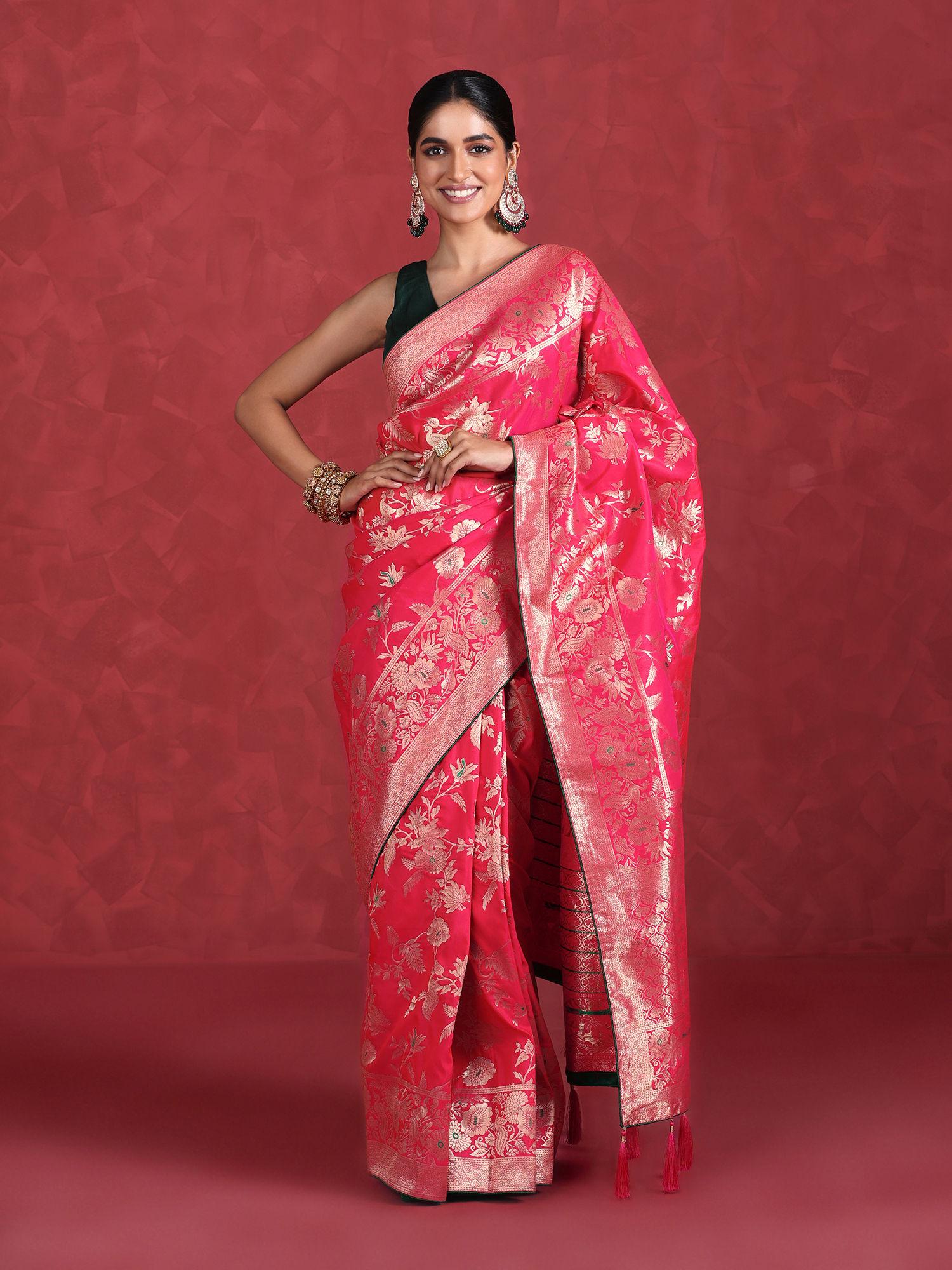 pink art silk woven zari festive saree & unstitched blouse