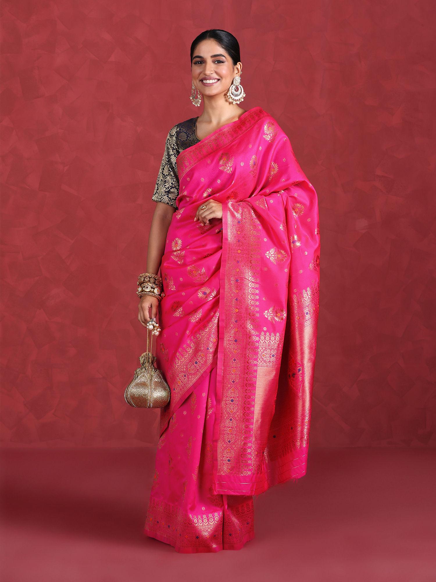 pink art silk woven zari festive saree & unstitched blouse