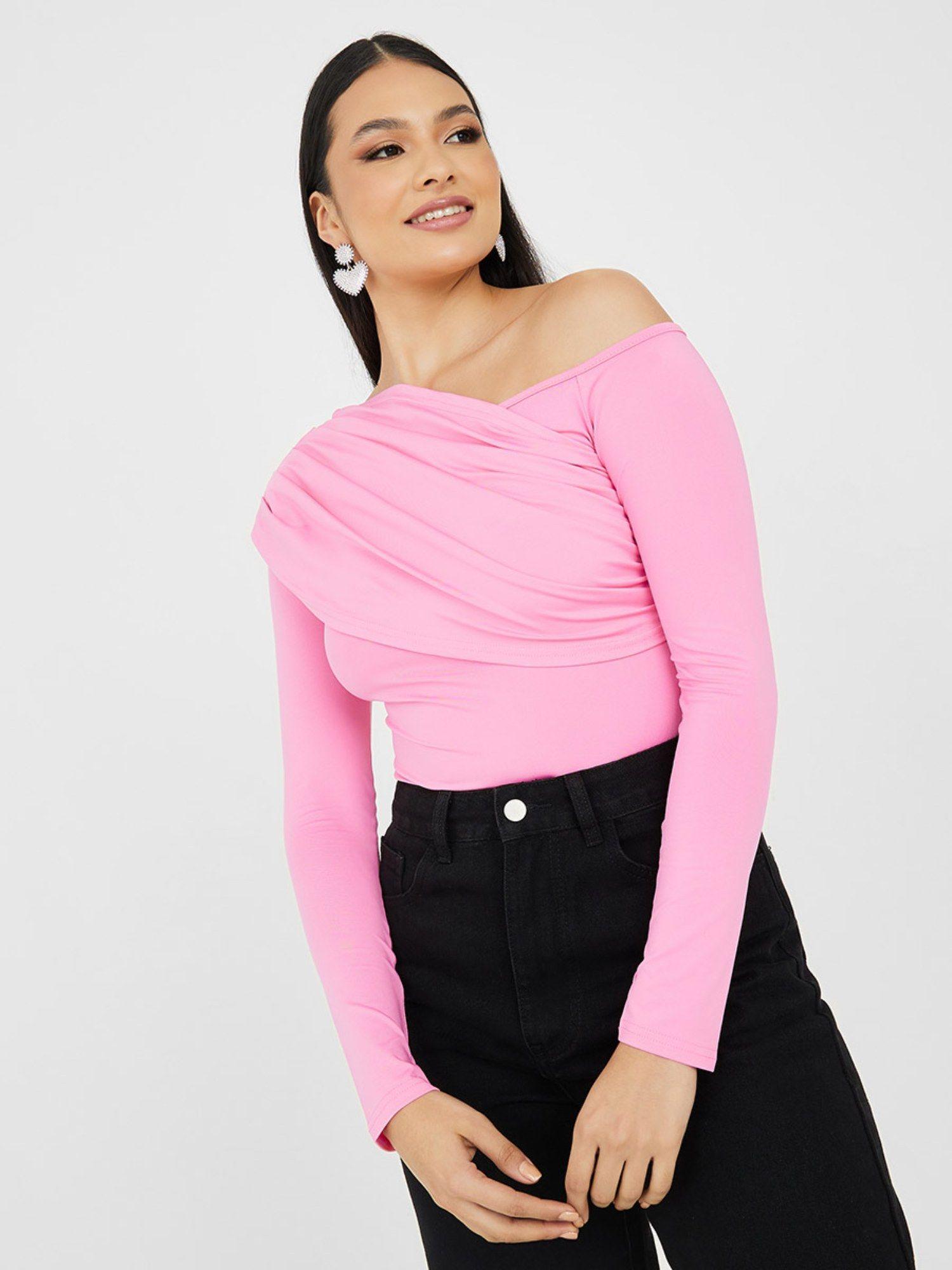 pink asymmetric neck fitted bodysuit