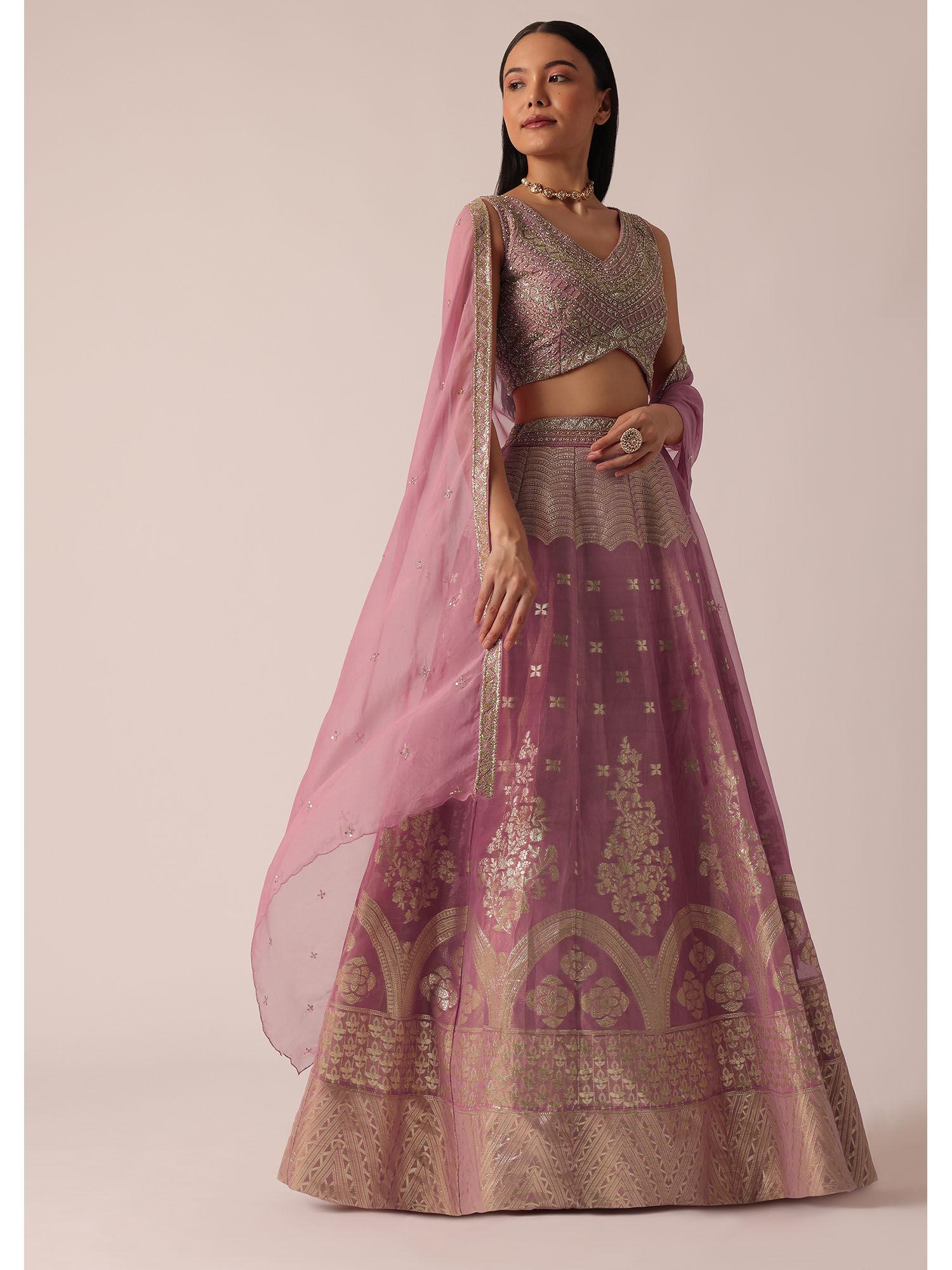 pink banarasi brocade lehenga and choli with dupatta (set of 3)