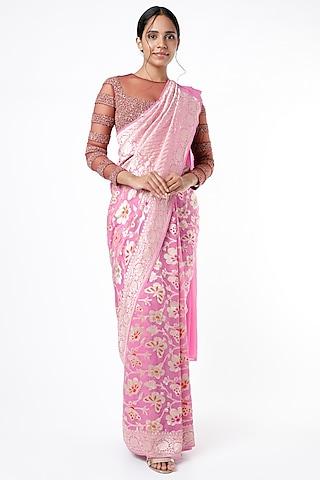 pink banarasi chiffon saree set with jaal work
