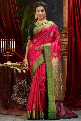pink banarasi handloom satin silk saree with embroidery work with blouse piece - pink