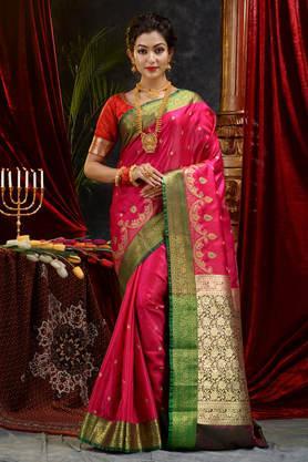 pink banarasi handloom satin silk saree with embroidery work with blouse piece - pink