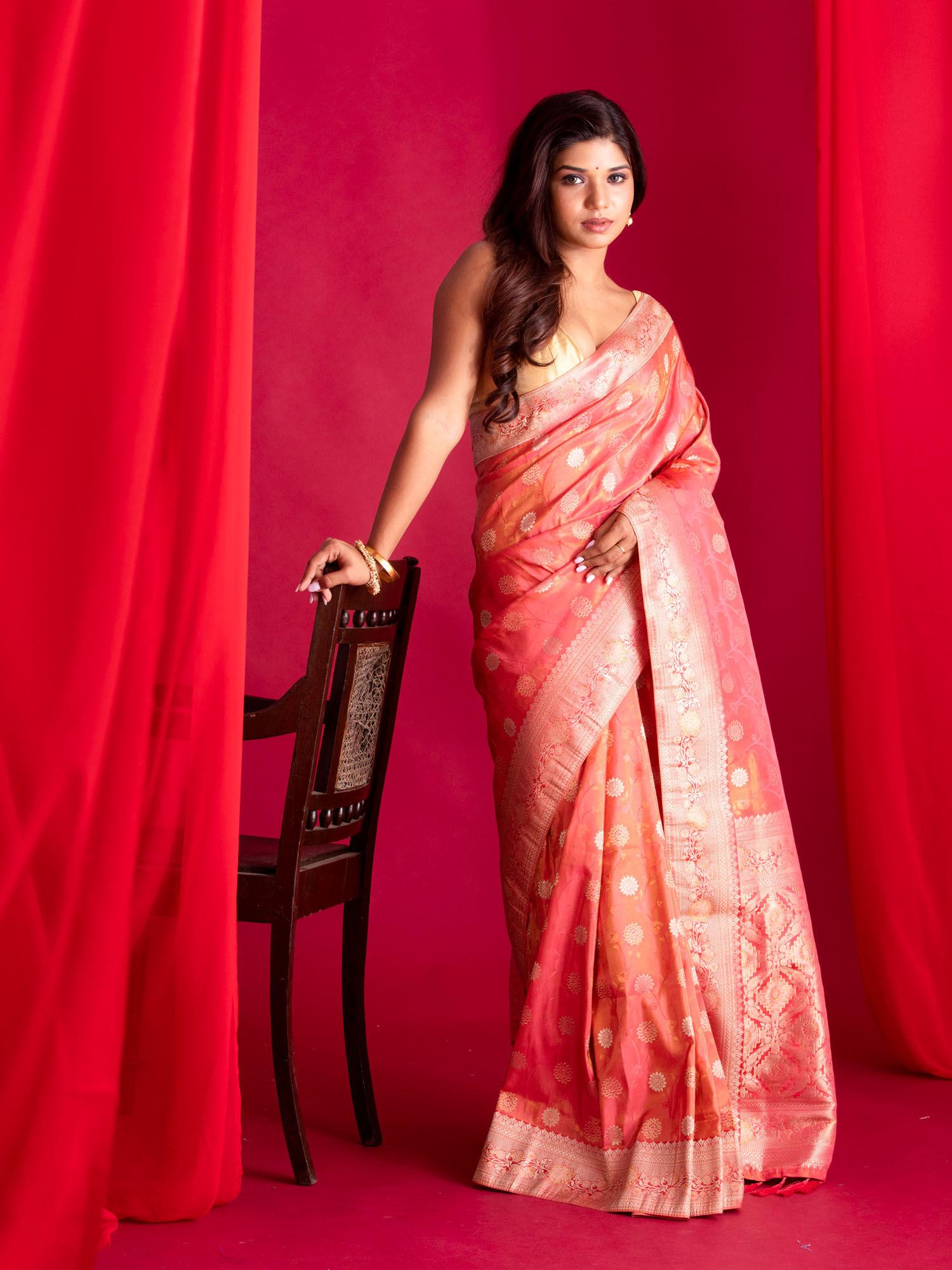 pink banarasi saree with unstitched blouse