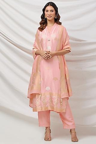 pink banarasi silk embellished kurta set
