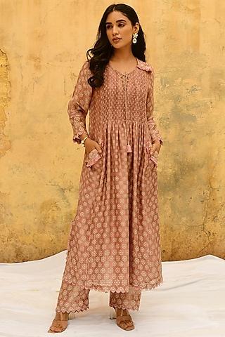 pink banarasi silk embroidered & printed kurta set