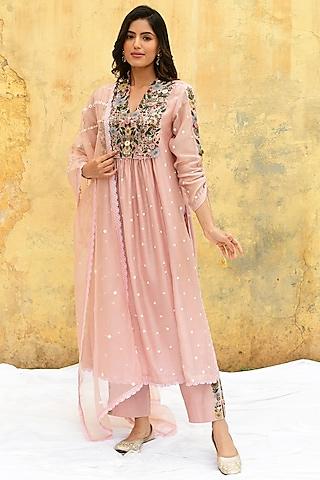 pink banarasi silk embroidered kurta set