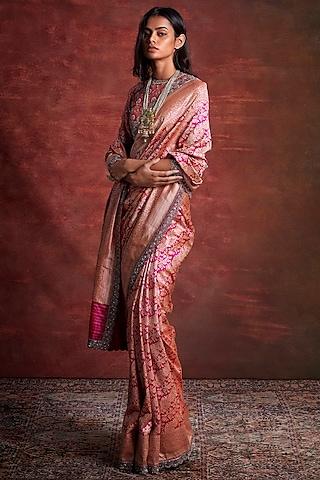 pink banarasi silk embroidered saree set