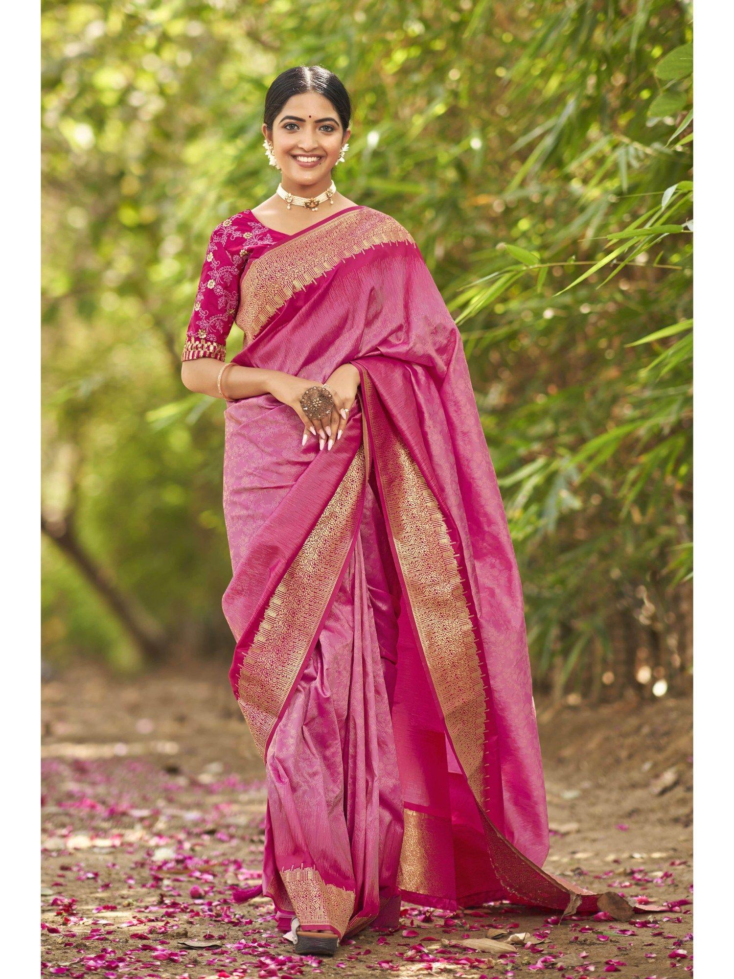 pink banarasi woven tassels saree with unstitched blouse