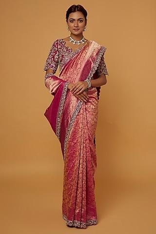 pink banarasi zardosi embroidered saree set