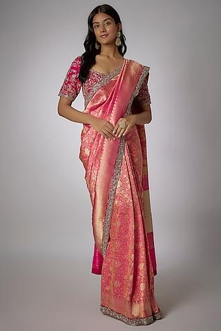 pink banarasi zari embroidered saree set