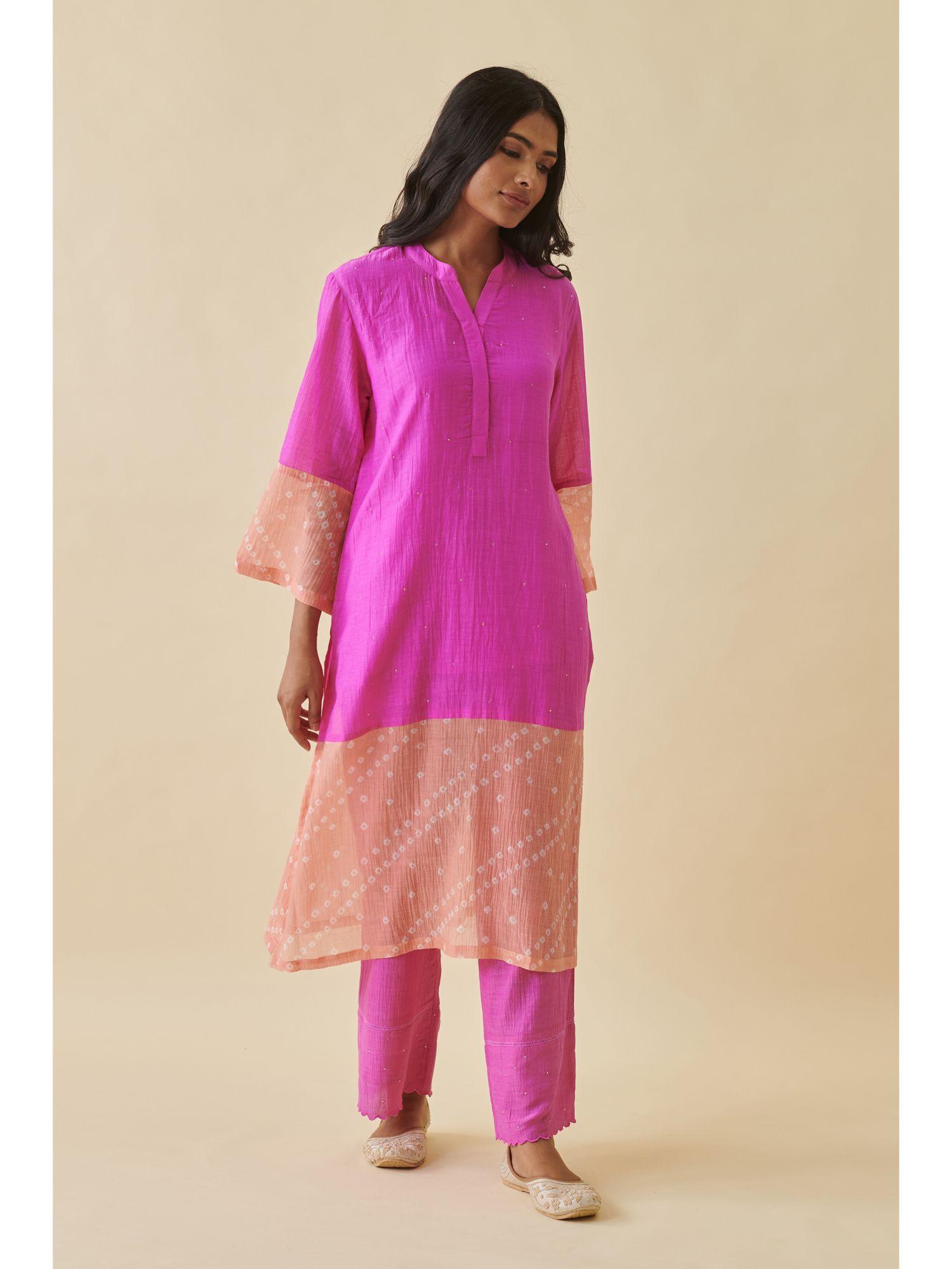 pink bandhani color block kurta