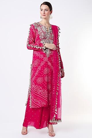 pink bandhani embroidered kurta set