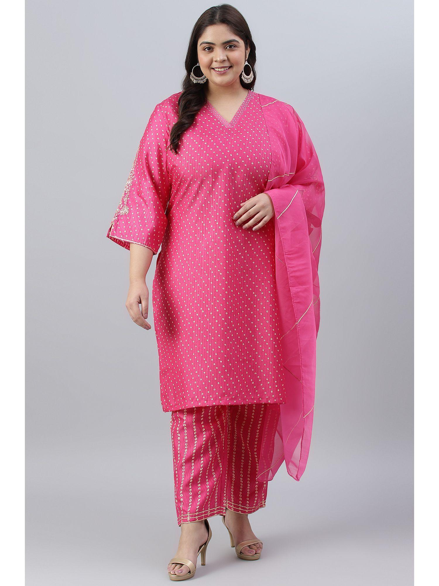 pink bandhani kurta-straight pant-dupatta (set of 3)