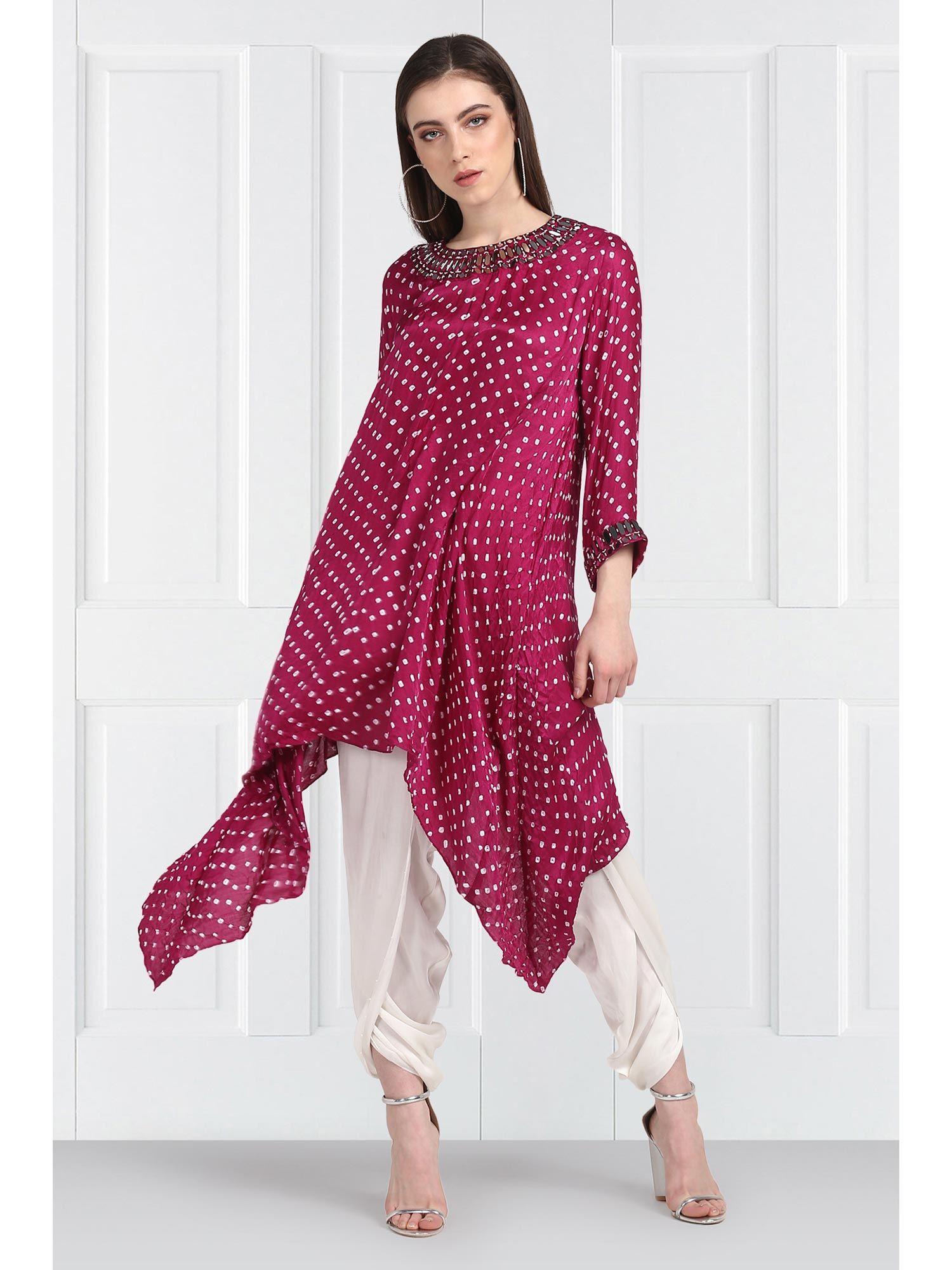 pink bandhani long asymmetrical tunic