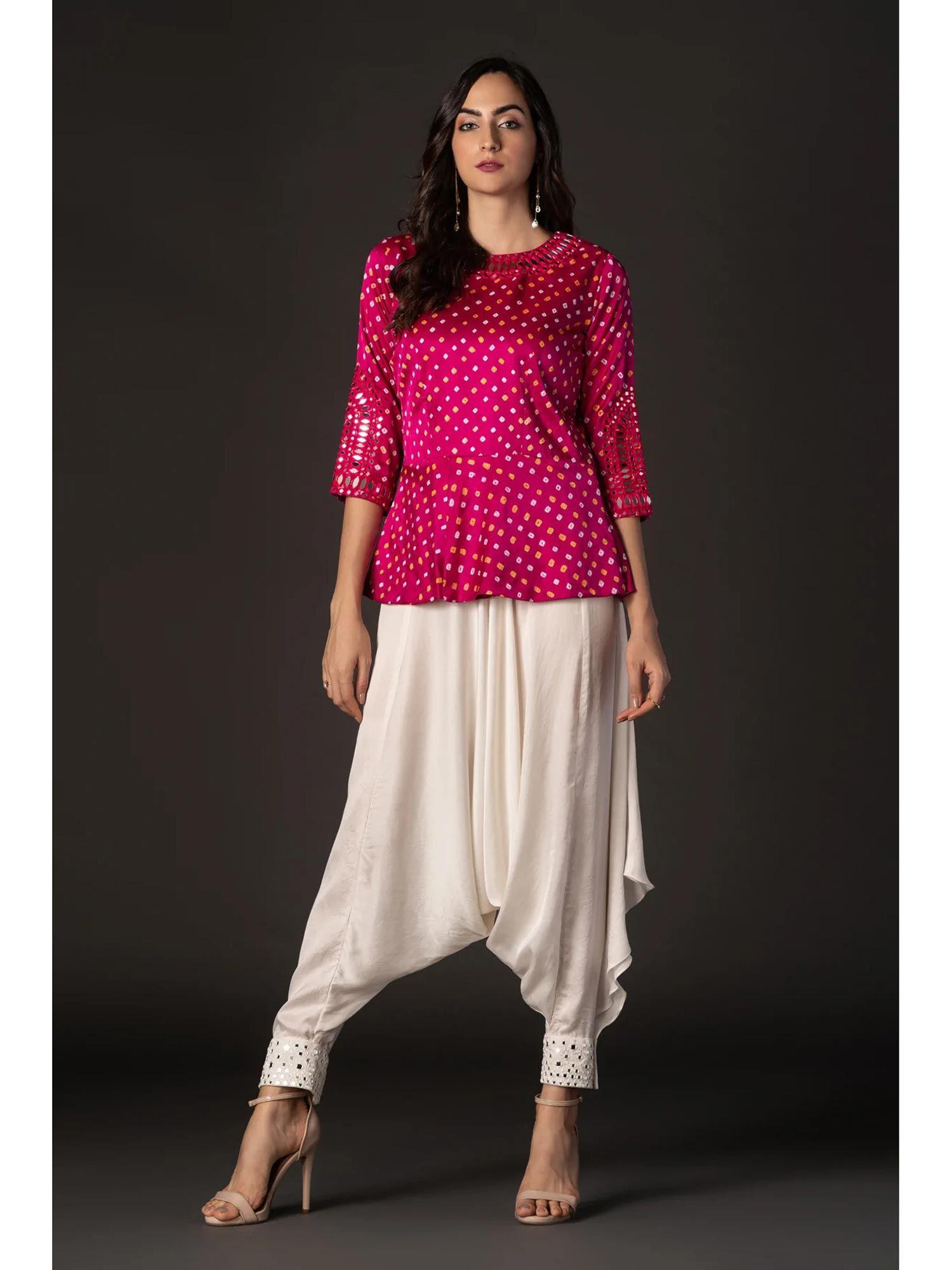 pink bandhani mirrorwork peplum top