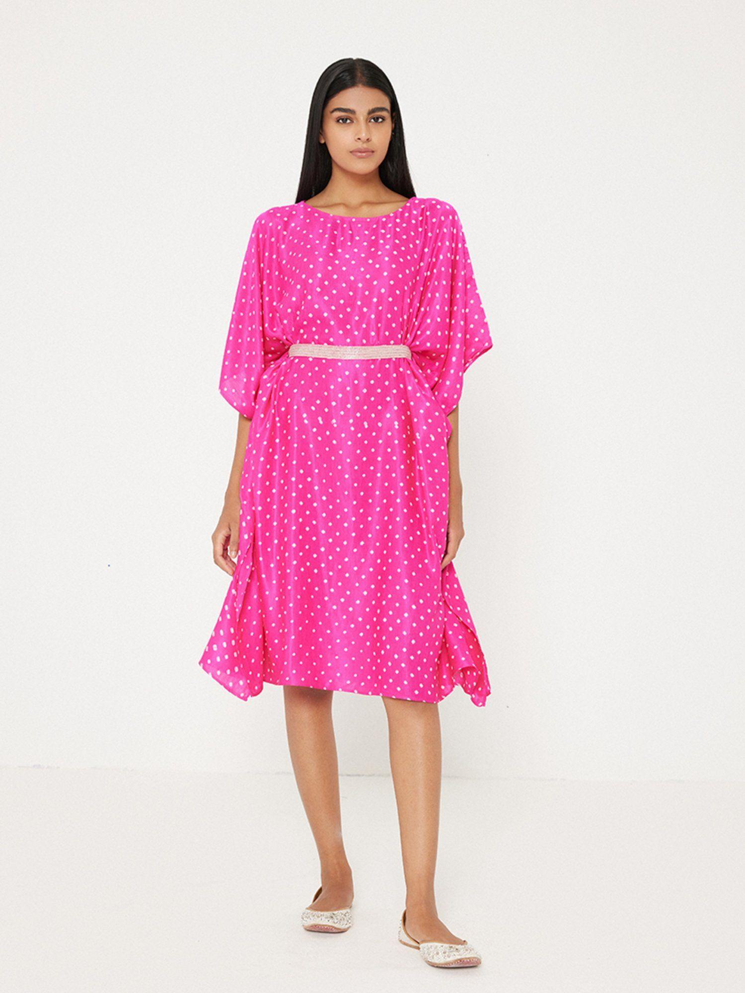 pink bandhani print kaftan dress with belt (set of 2)