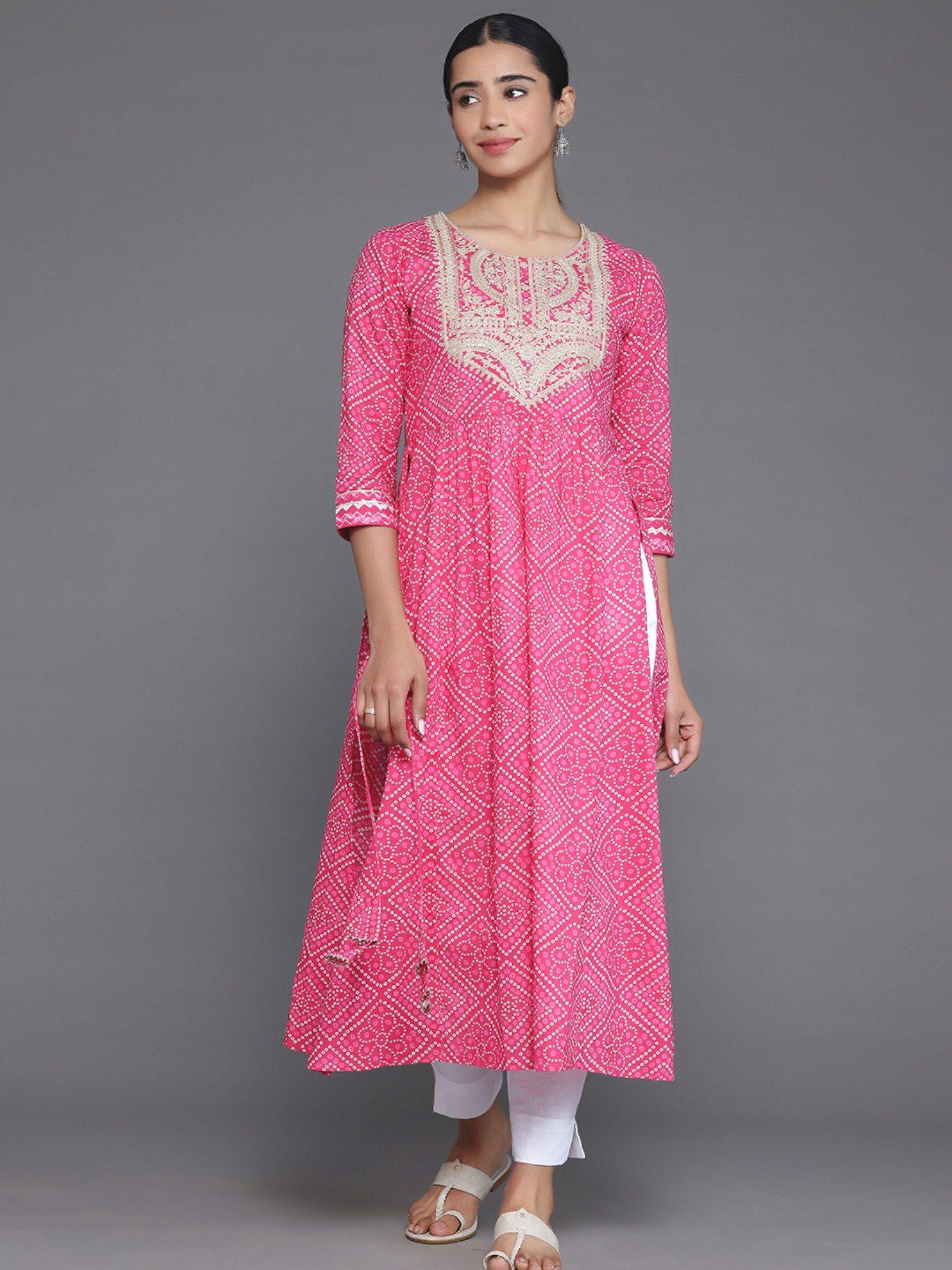 pink bandhani printed a-line kurta with embroidered yoke