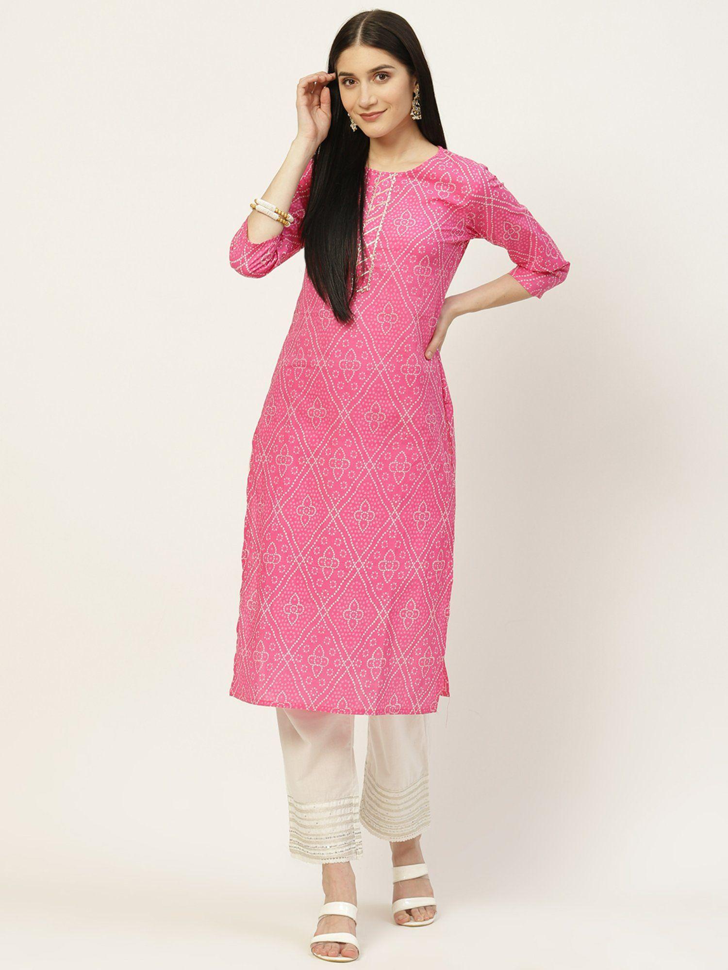 pink bandhani printed cotton straight kurta