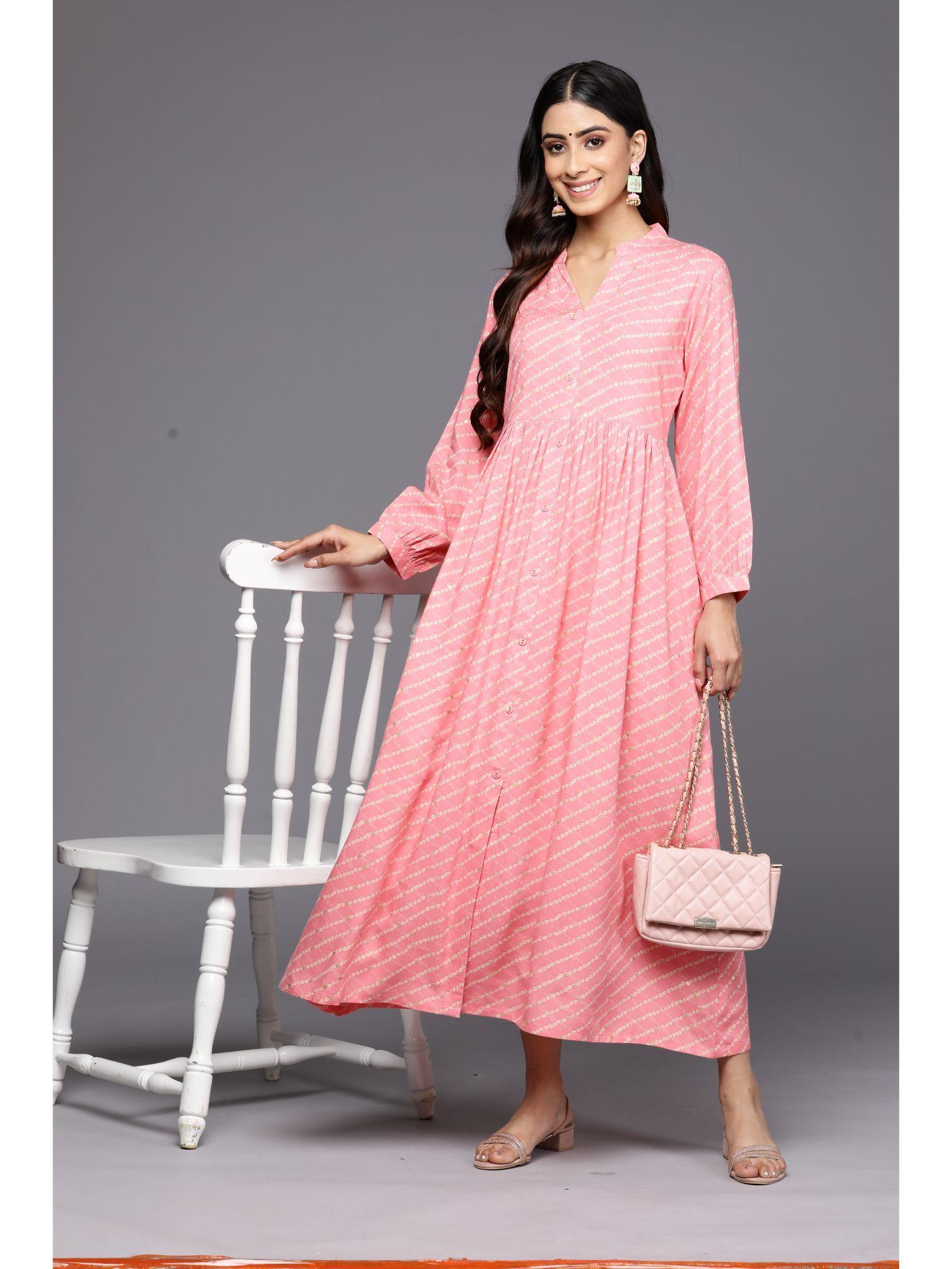 pink bandhani printed with front slit one sided pocket fit & flare maxi dress