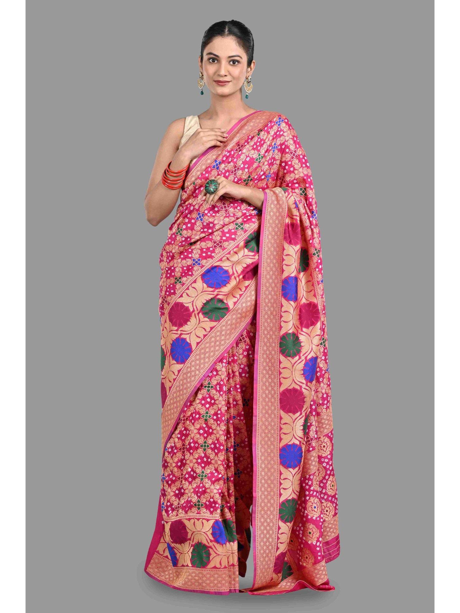 pink bandhani work handloom saree with unstitched blouse