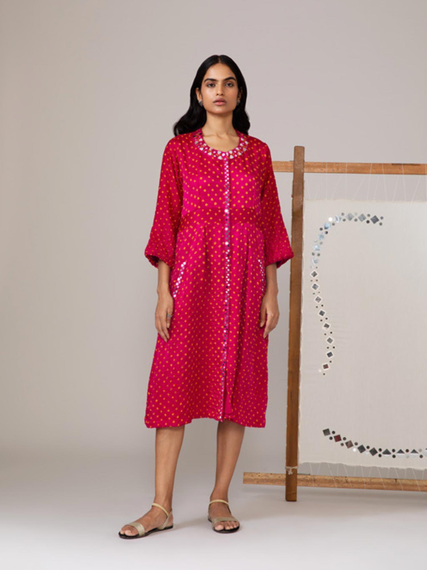 pink bandhani yoke dress