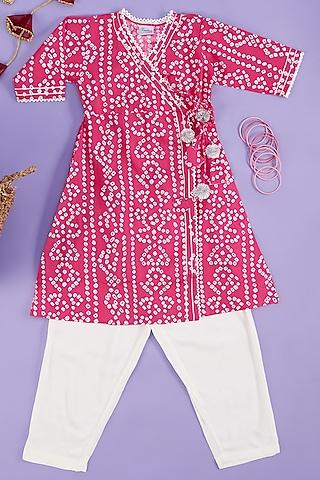 pink bandhej printed kurta set for girls