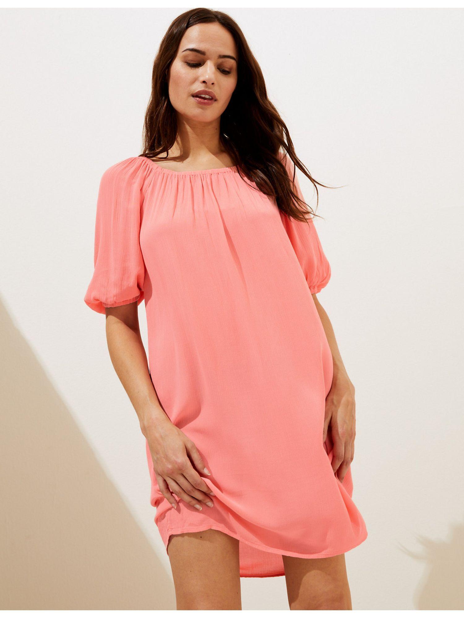 pink bardot short sleeve knee length dress