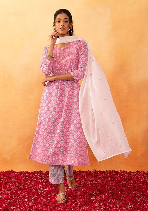 pink batik print cotton kurta with pants and dupatta (set of 3)