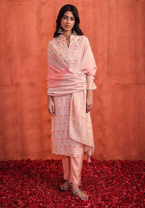 pink batik print muslin kurta with pants and dupatta (set of 3)