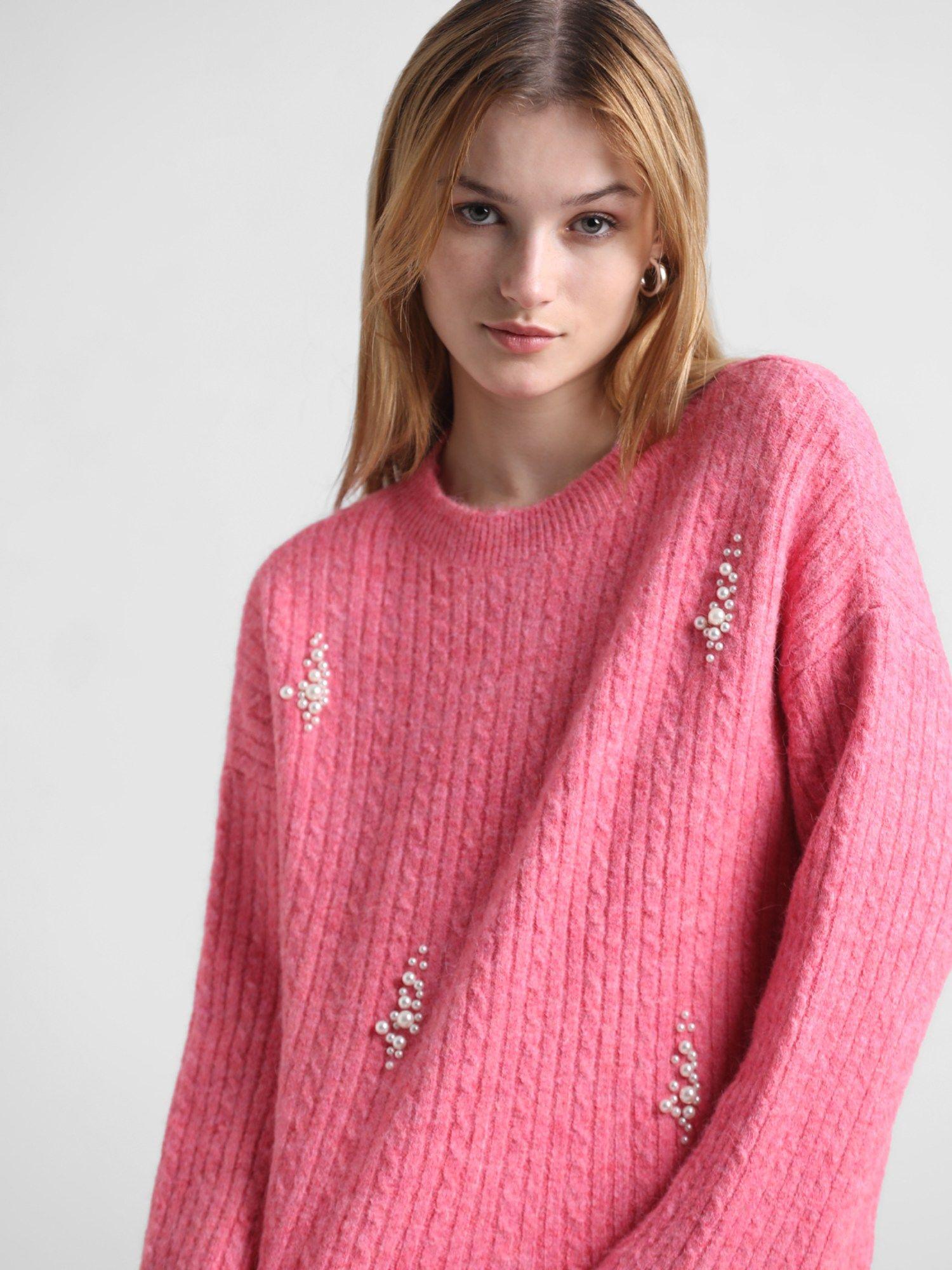pink beaded ribbed pullover