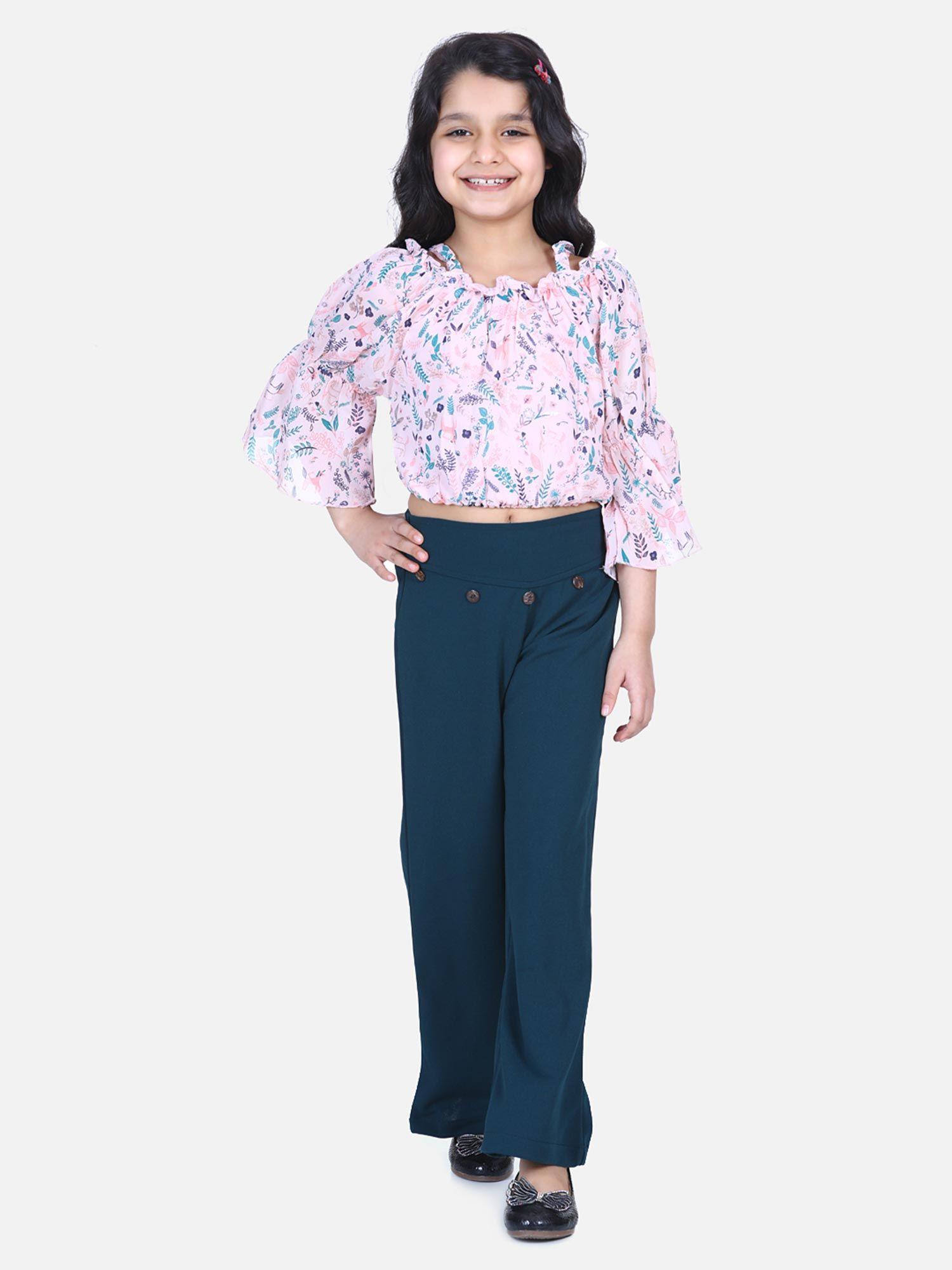 pink bell sleeves top with stretchable pant (set of 2)