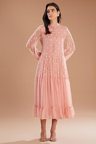pink bemberg flat chiffon applique tiered dress