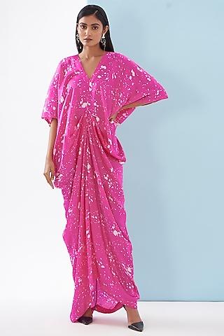 pink bemberg satin printed draped dress