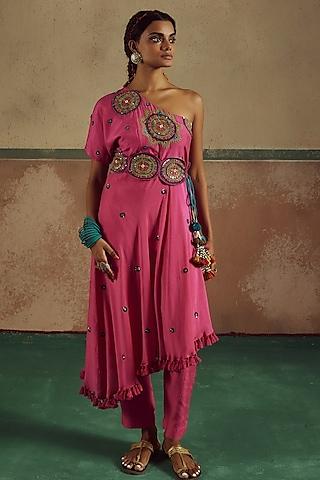 pink bemberg silk thread embroidered one-shoulder kurta set