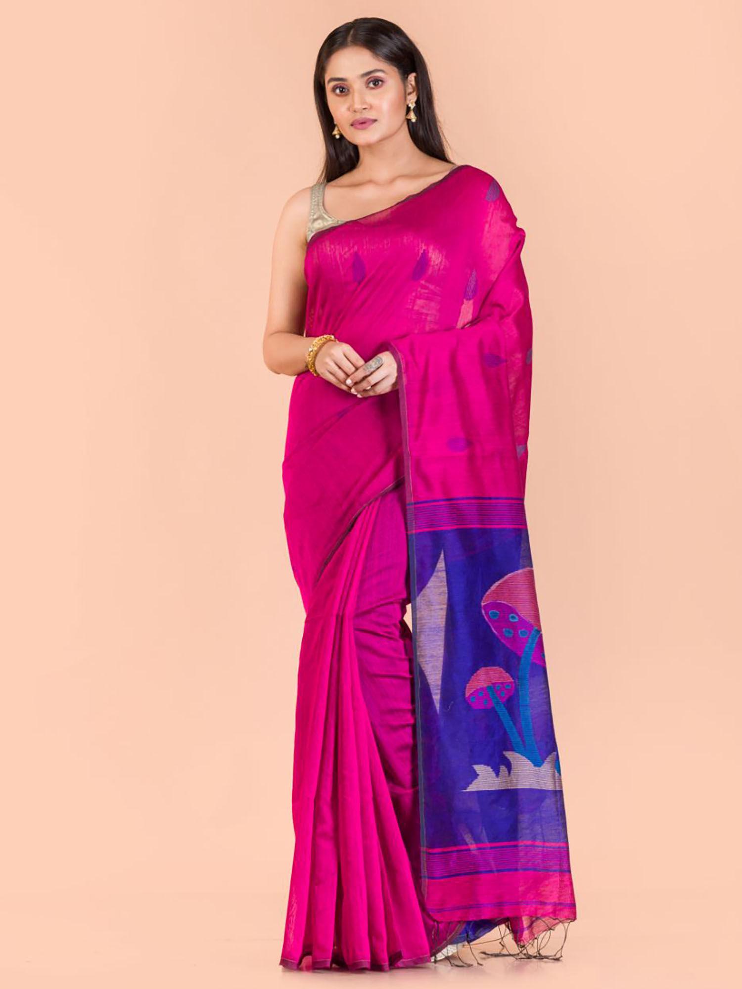 pink blended fabric woven saree with unstitched blouse