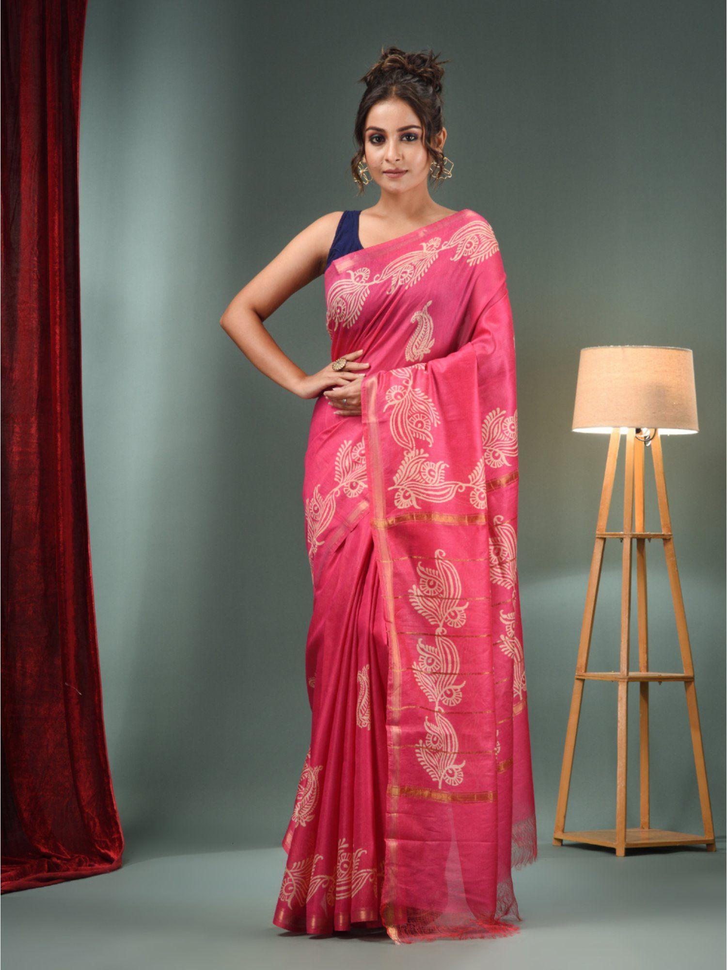 pink blended silk handwoven saree with paisley border & unstitched blouse