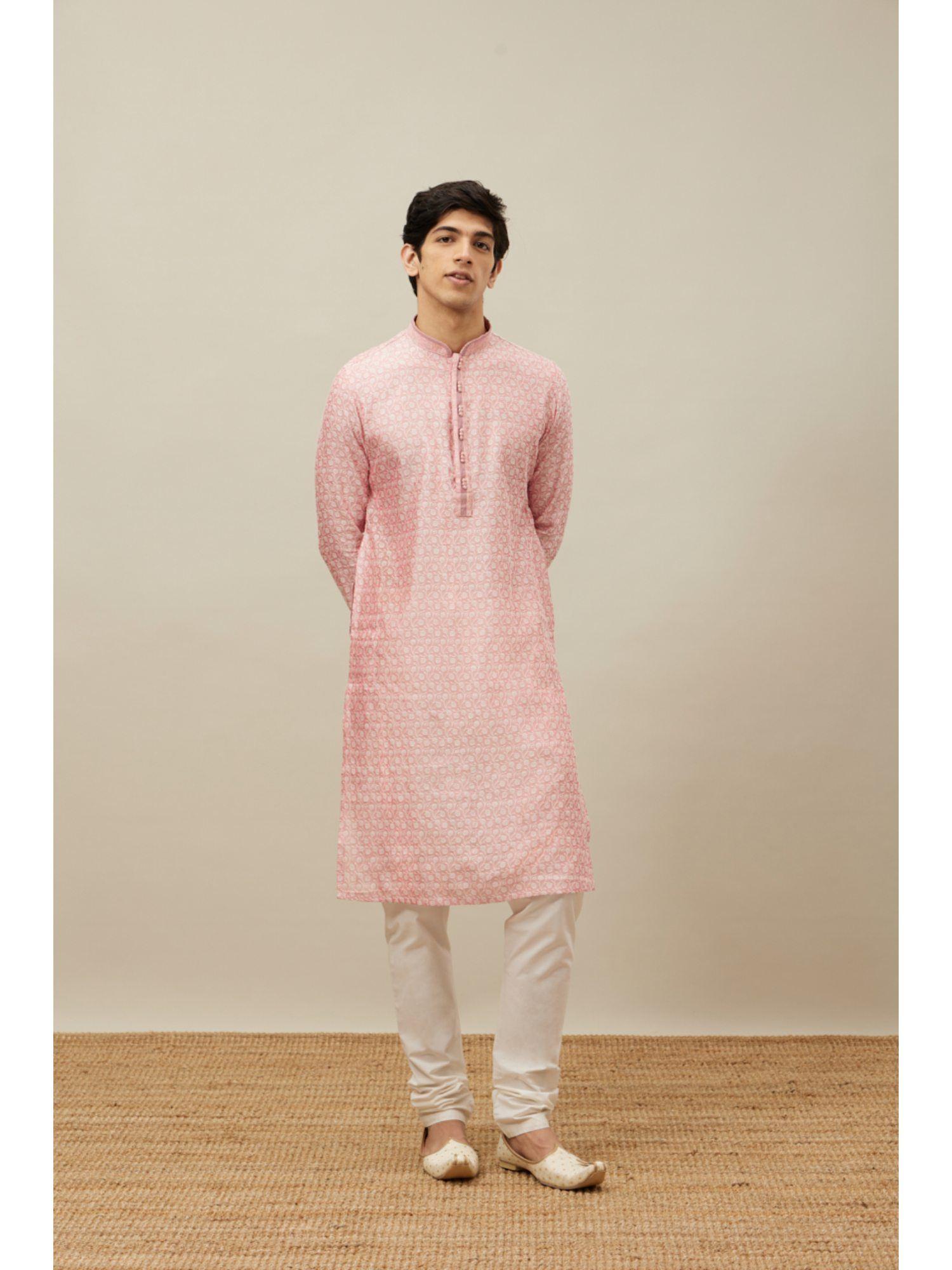 pink blended viscose embroidered kurta with pencil pyjama (set of 2)