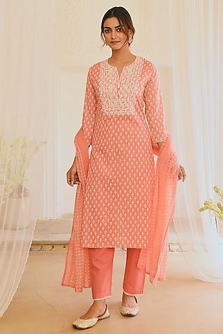 pink block printed & embroidered kurta set