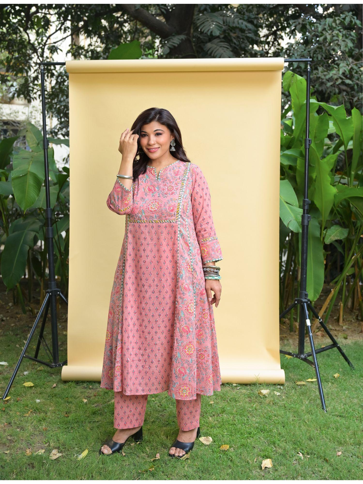 pink block printed cotton kurta