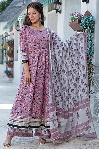 pink block printed kurta set