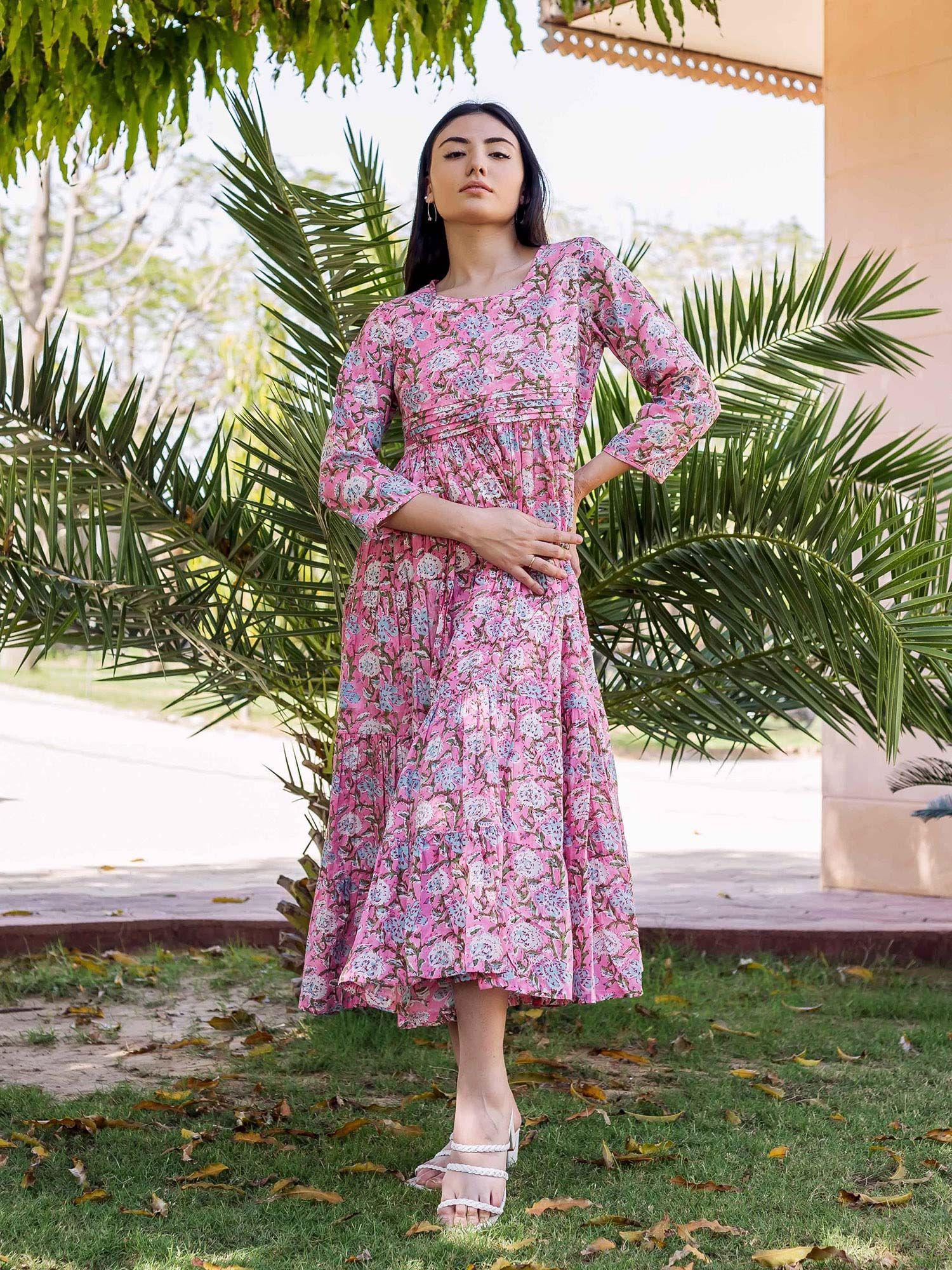 pink block printed tiered laila dress