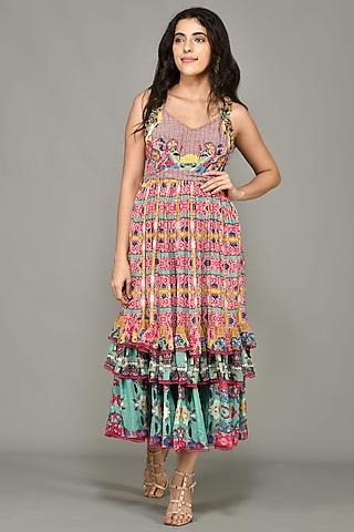 pink bloom printed tiered maxi dress
