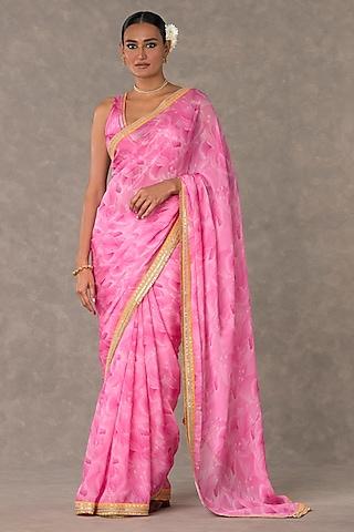 pink bloomerang organza digital printed saree set