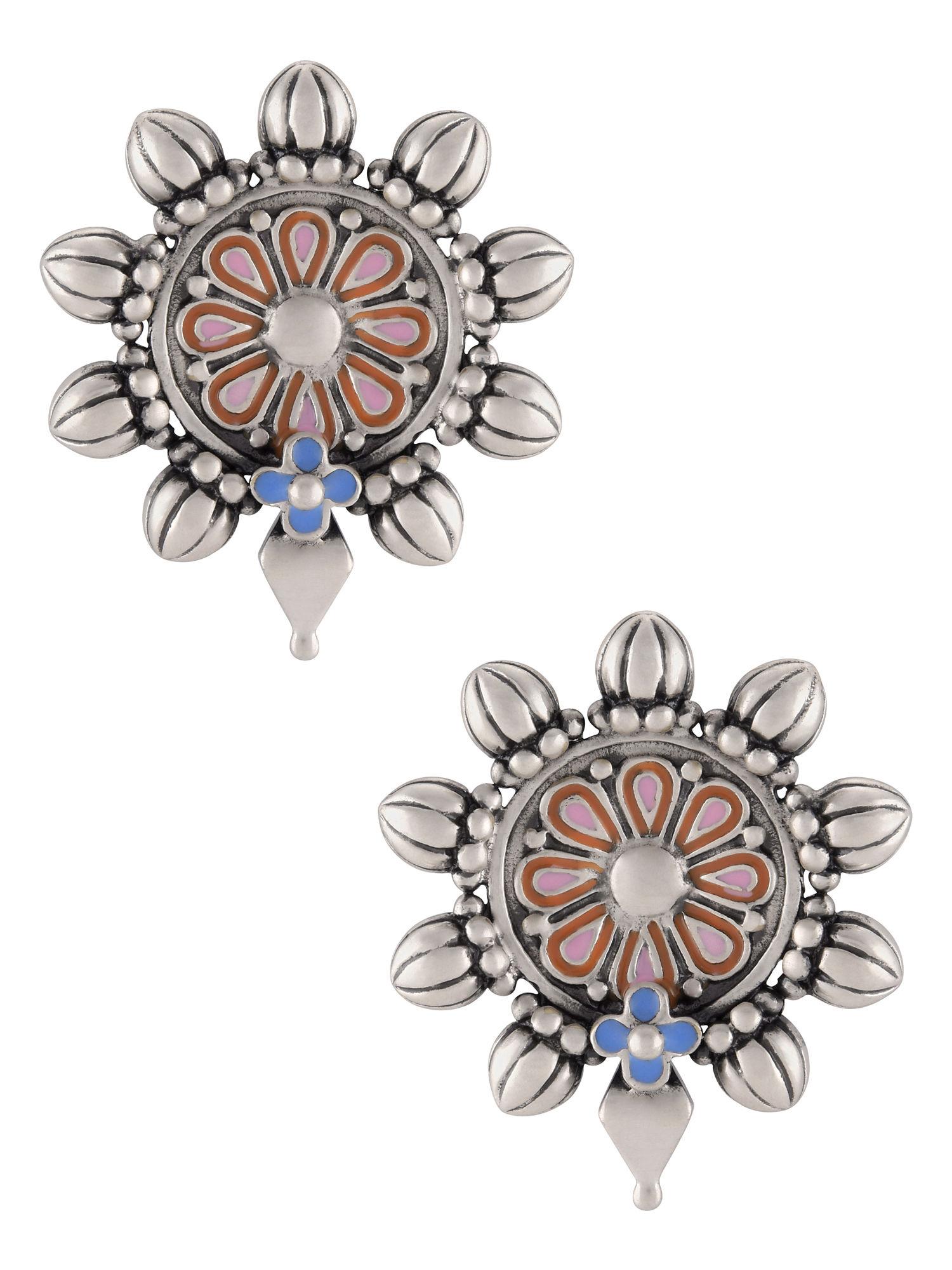 pink blue enamel flower chakra ear studs