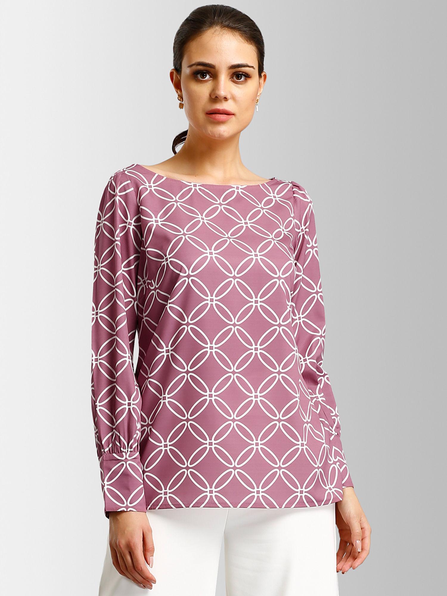 pink boat neck geometric print top