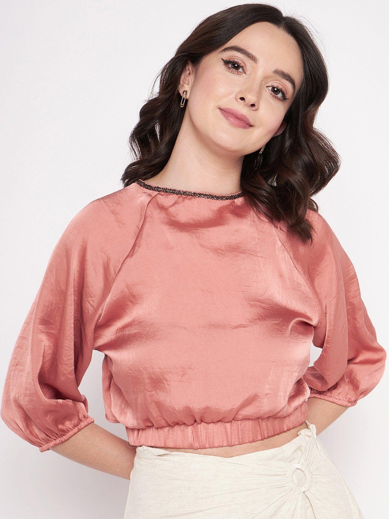 pink boat neck half sleeves crop tops