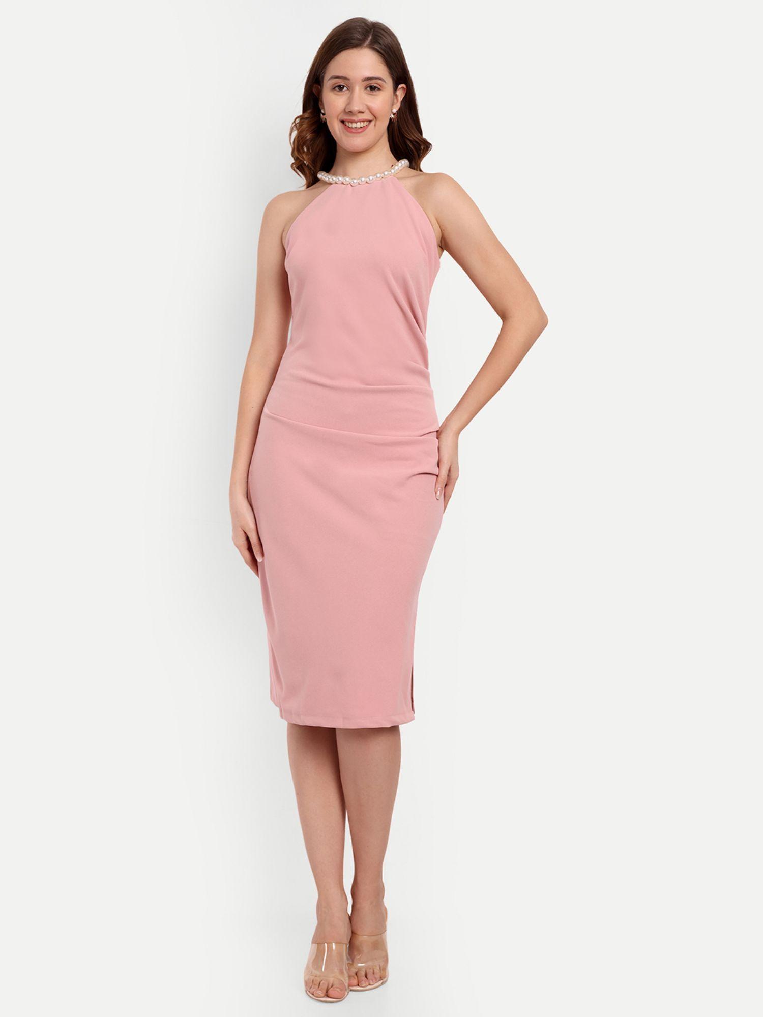 pink bodycon midi dress with a halter neck and draped detailing